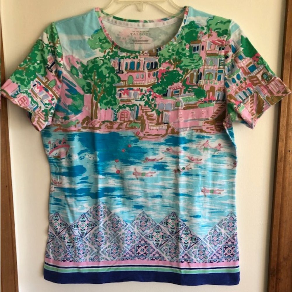 TALBOTS Scenic Mediterranean Tee Short Sleeve Crewneck Blue Pink - Picture 4 of 16